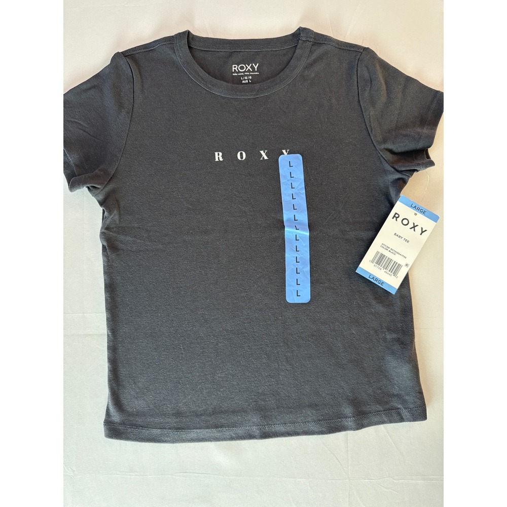 Roxy Womens Large Black Baby Tee Logo Crop T-Shirt Y2K Short Sleeve NWT